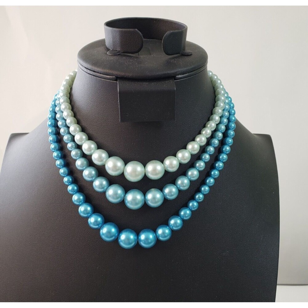 Vintage Blue 3 Strand Faux Pearl Choker Necklace Ombre 14" Coastal Grandmother